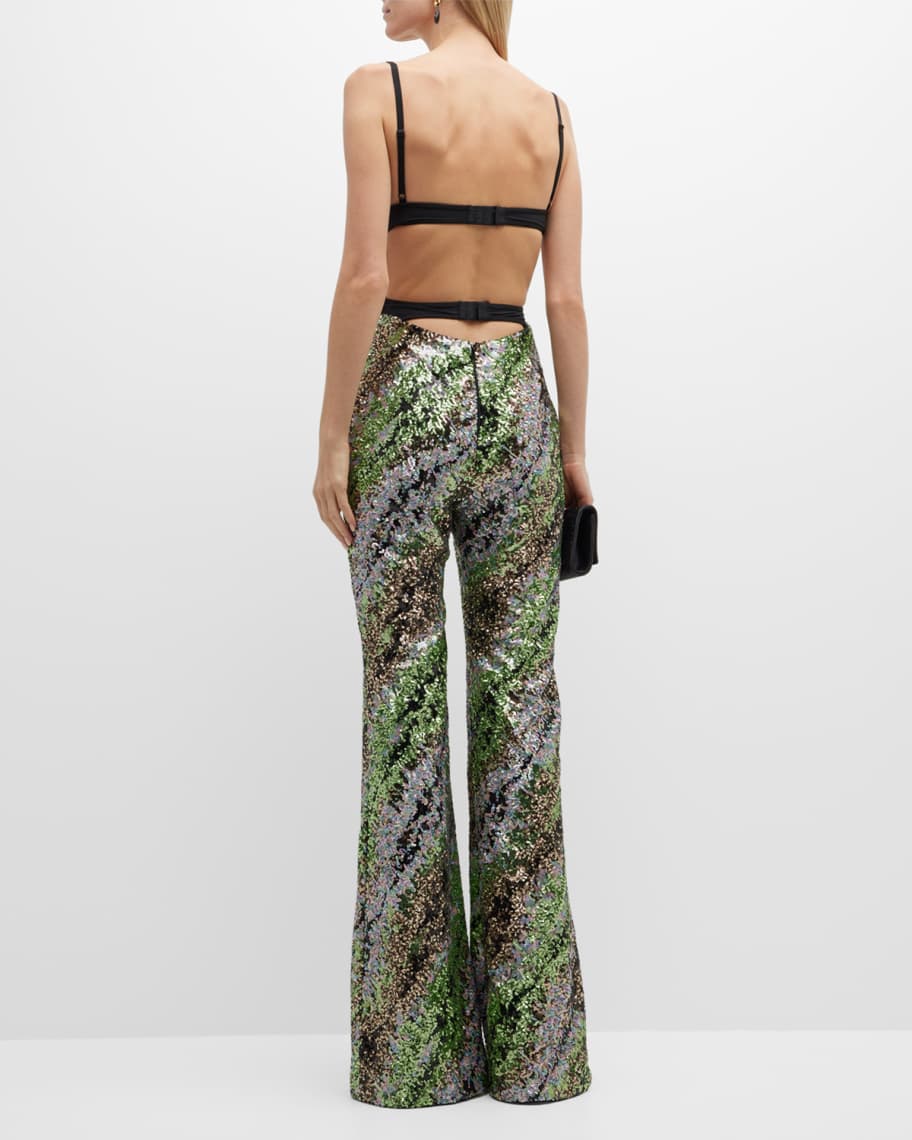 Halpern Sequin Emerald Green Cut-Out Bra Backless Party Mod 70s Jumpsuit