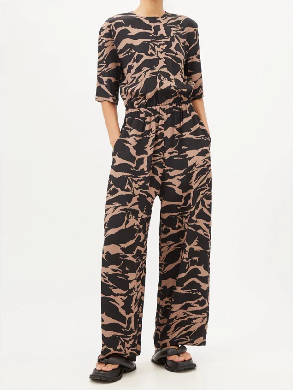 RAEY Camo-Tiger Print Silk Cinched Elastic Waist Wide-Leg Jumpsuit - House Of Huntington