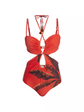 JOHANNA ORTIZ Banana Red Cocoa Print Cut-Out Strappy Swimsuit - House Of Huntington
