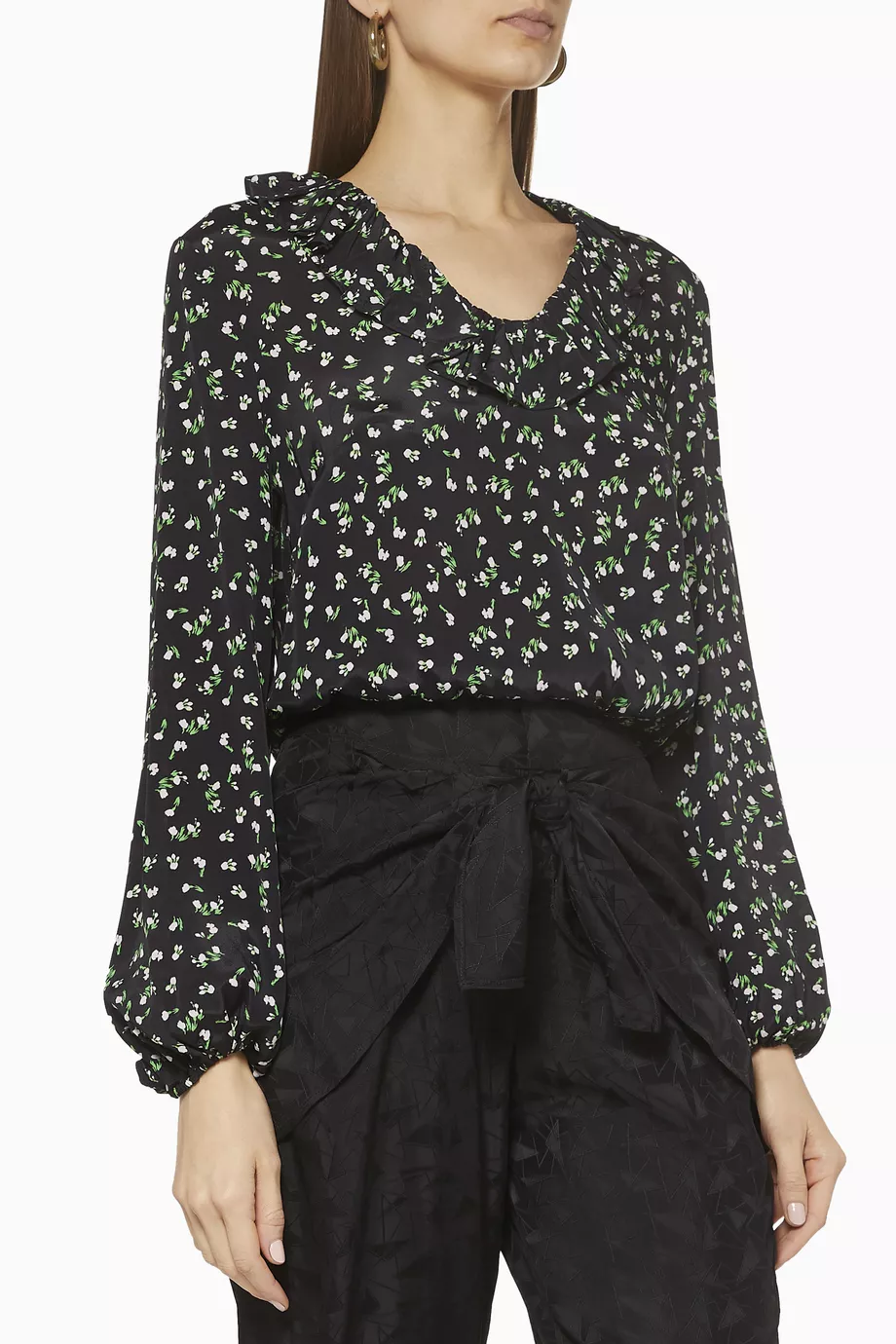 Rixo London Kym Floral Woven Ruffle Neck Long Sleeve Blouse Top - House Of Huntington