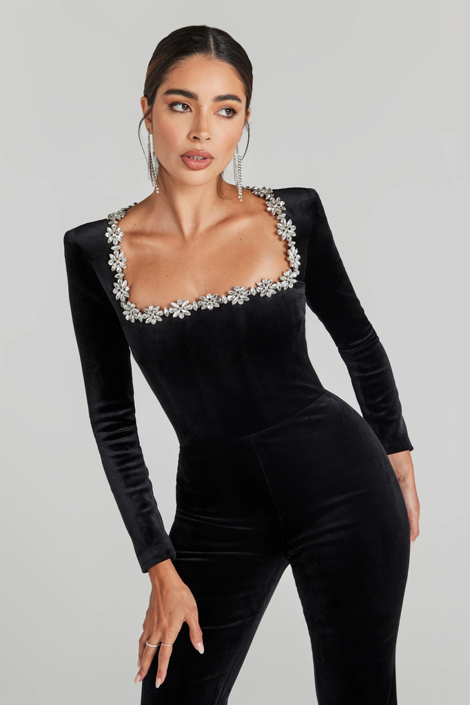 NADINE MERABI Black Kimberly Jewel Embellished Velvet Jumpsuit - House Of Huntington