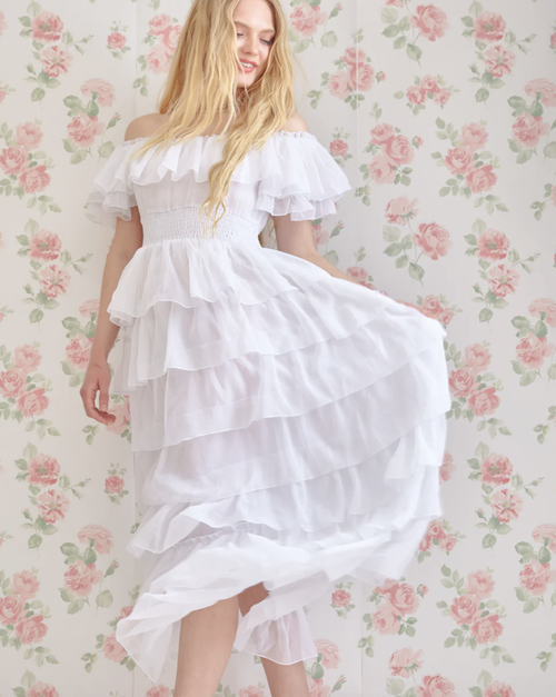 Amy Jane London White Aurelia Bardot Tiered Maxi Dress - House Of Huntington