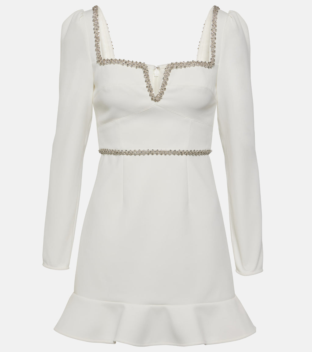Self-Portrait White Bonded Crepe Long Sleeve Mini Dress