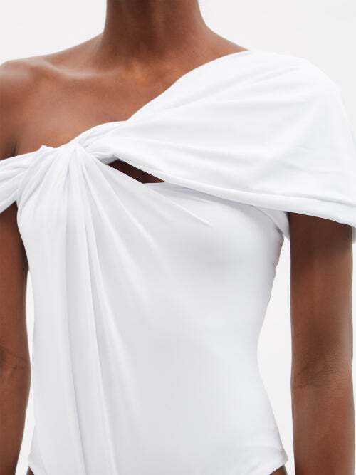 MAXIMILIAN DAVIS Disco White Asymmetric Draped Stretch-jersey Bodysuit Top - House Of Huntington
