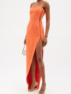 David Koma Orange Lace-up Side-slit Crepe Gown - House Of Huntington