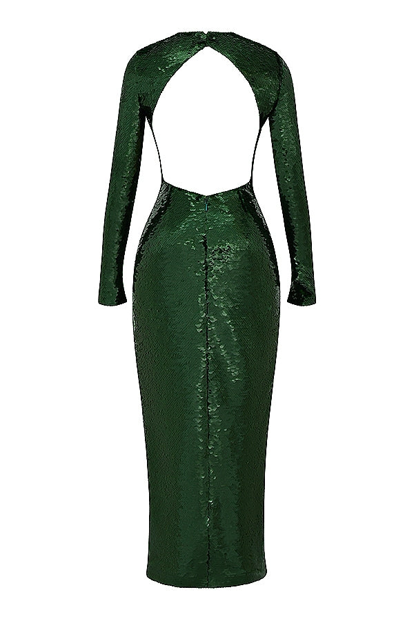 House Of CB Belle Sequinned Pine Green Open Back Maxi Dress
