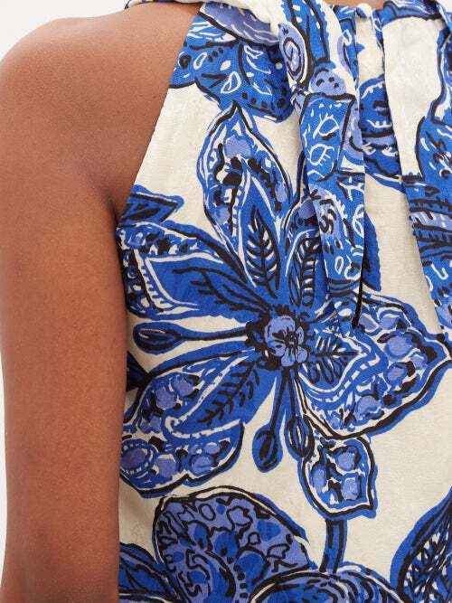 JOHANNA ORTIZ Gotas De Fuego Cutout Draped Floral-Jacquard Blue Midi Dress - House Of Huntington