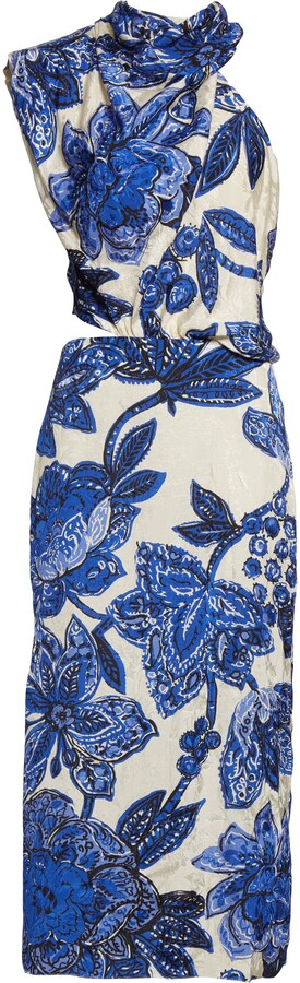 JOHANNA ORTIZ Gotas De Fuego Cutout Draped Floral-Jacquard Blue Midi Dress - House Of Huntington