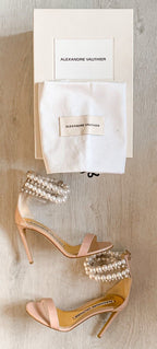 Alexandre Vauthier Pearl Crystal Ankle Strap Pink Sandal High Heels - House Of Huntington