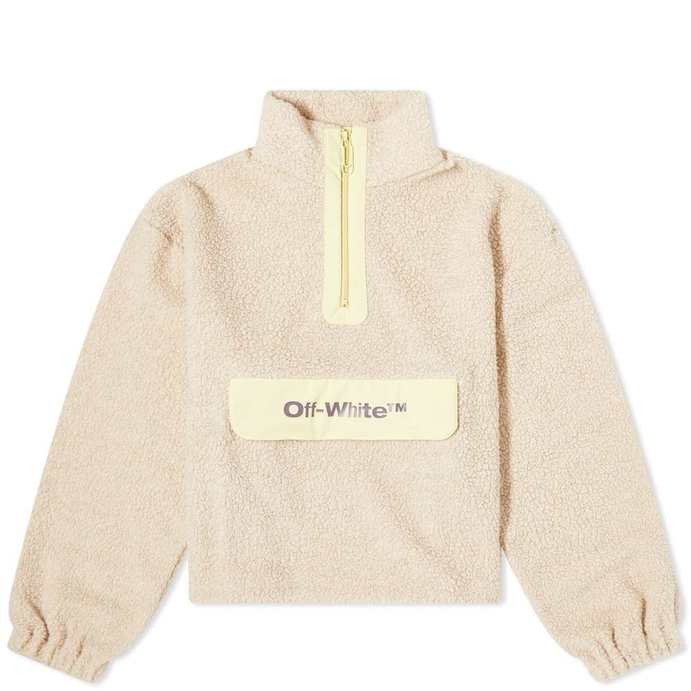 Off-White Logo Spellout Front Beige Teddy Fleece Zip-Up Neck Sweatshirt