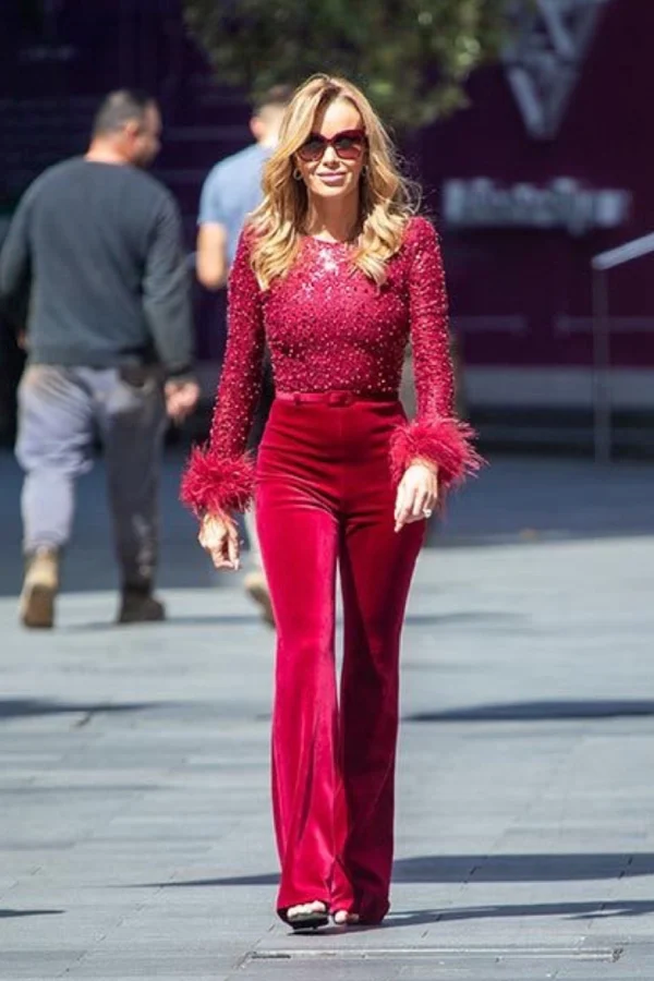 Nadine Merabi Monique Red Embellished Feather Cuff Velvet Flared Leg Jumpsuit - House Of Huntington