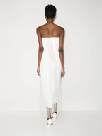 16ARLINGTONアイボリーホワイトミネリフェザートリムクレープネットディテールストラップレスウェディングドレス