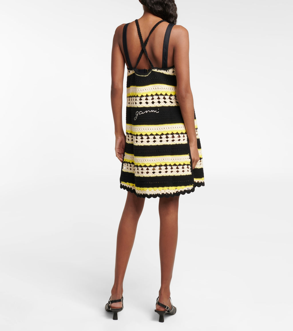 Ganni Logo Crochet Striped Strappy Mini Dress