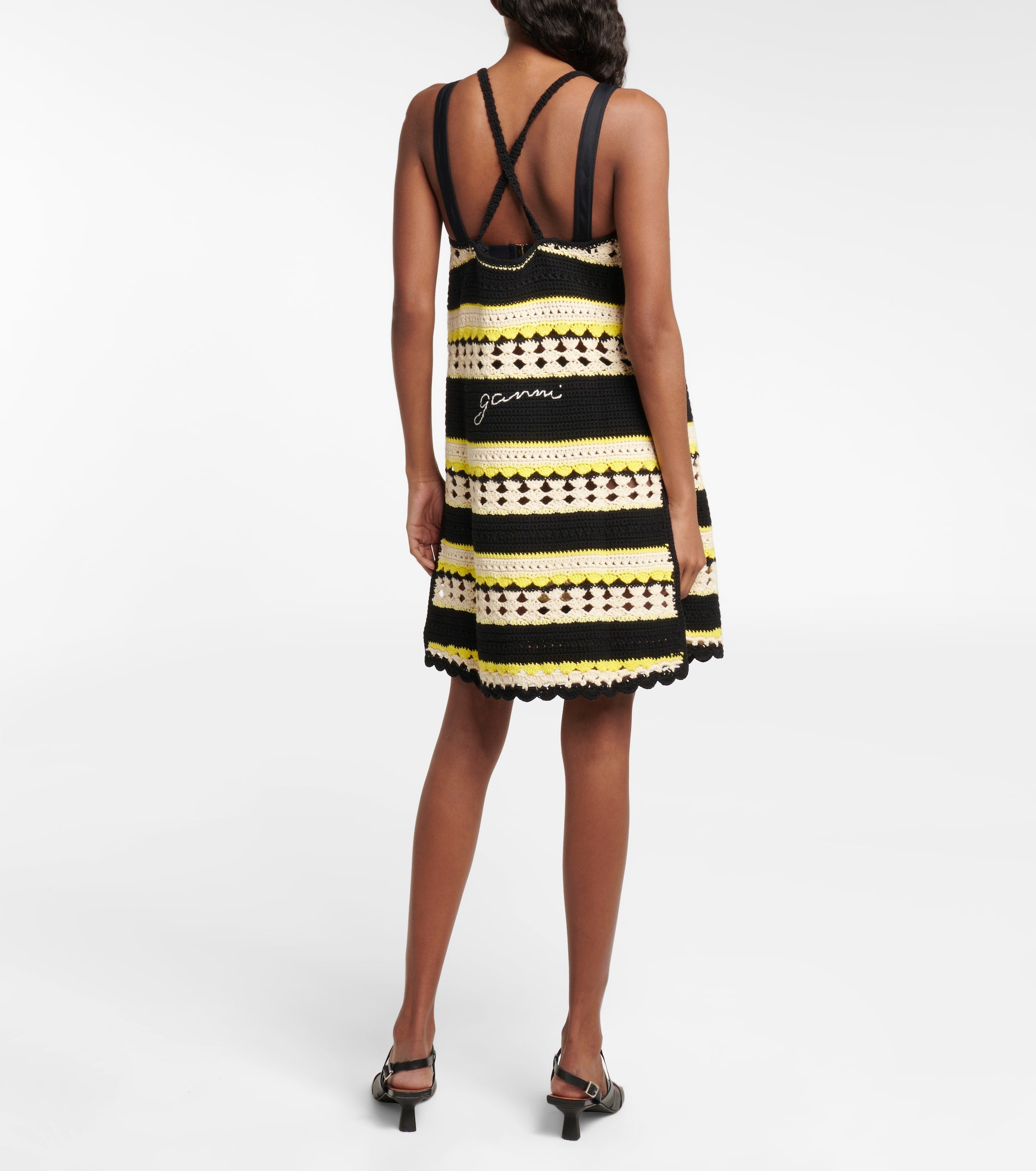 Ganni Logo Crochet Striped Strappy Mini Dress