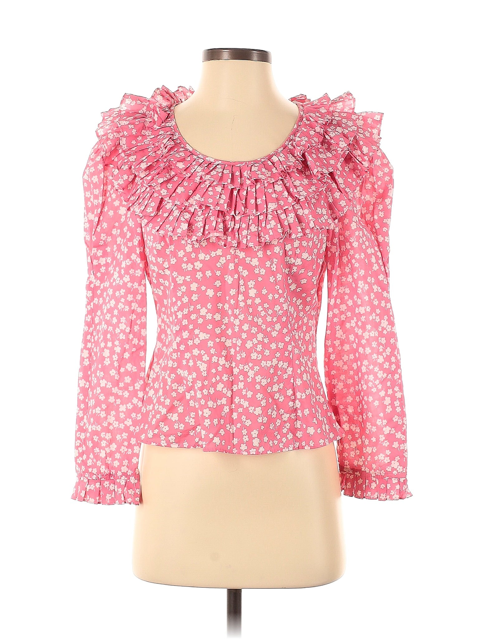 Rixo London Pink Ditsy Daisy Floral Ruffle Pleat Neck Leila Blouse - House Of Huntington