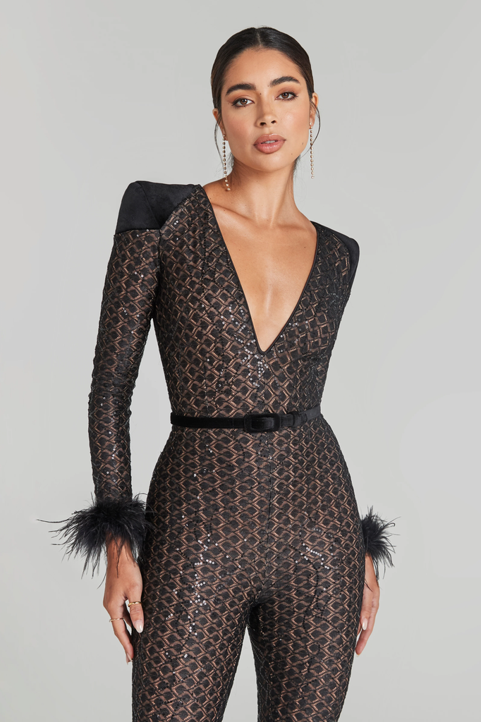 NADINE MERABI Black Rachel Full Sequinned Lace Detail Feather Cuff Jumpsuit - House Of Huntington