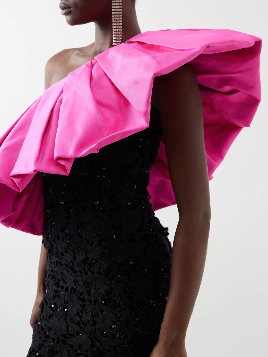 Richard Quinn Margot Pink Ruffle One Shoulder Overlay Black Silk Lace Mini Dress - House Of Huntington