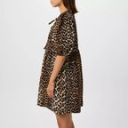 Ganni Leopard Print Poplin Puff Sleeve Bow Tie Mini Dress