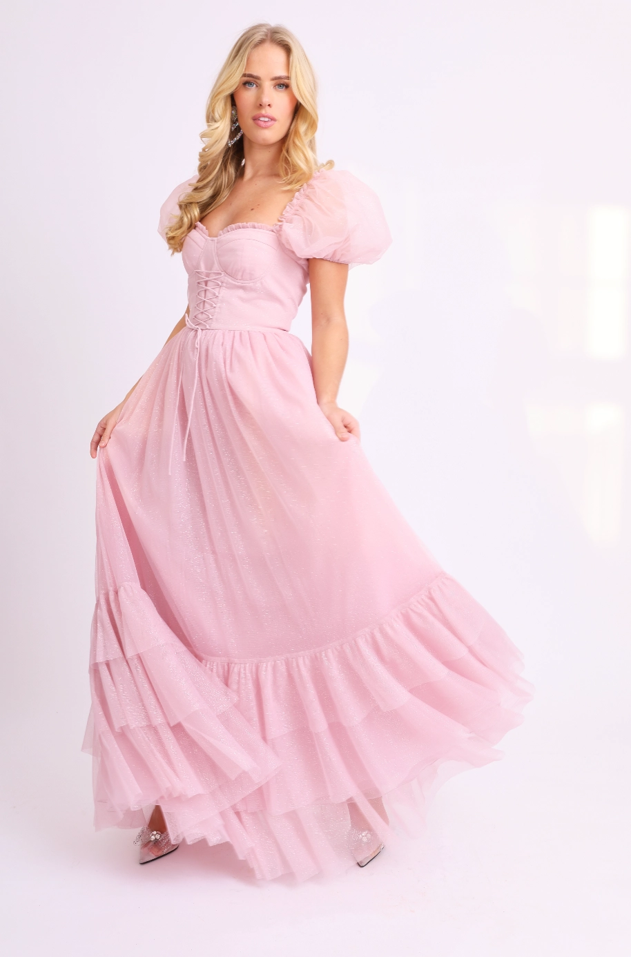 Amy Jane London Pink Tiffany Corset Bodice Sparkly Tulle Puff Sleeve Sweetheart Neck Maxi Gown - House Of Huntington