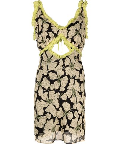 De La Vali Floral Chiffon Ruffle Cut-Out Olive Green Art Deco Mini Dress