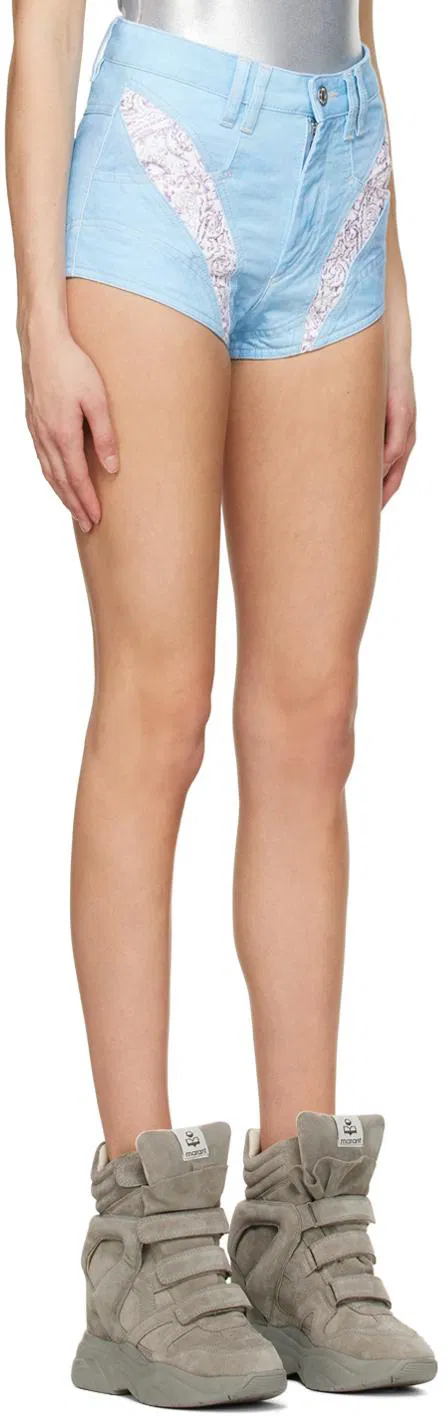 Isabel Marant Neida Floral Patchwork Detail Hot Denim Light Blue Mini Short Shorts