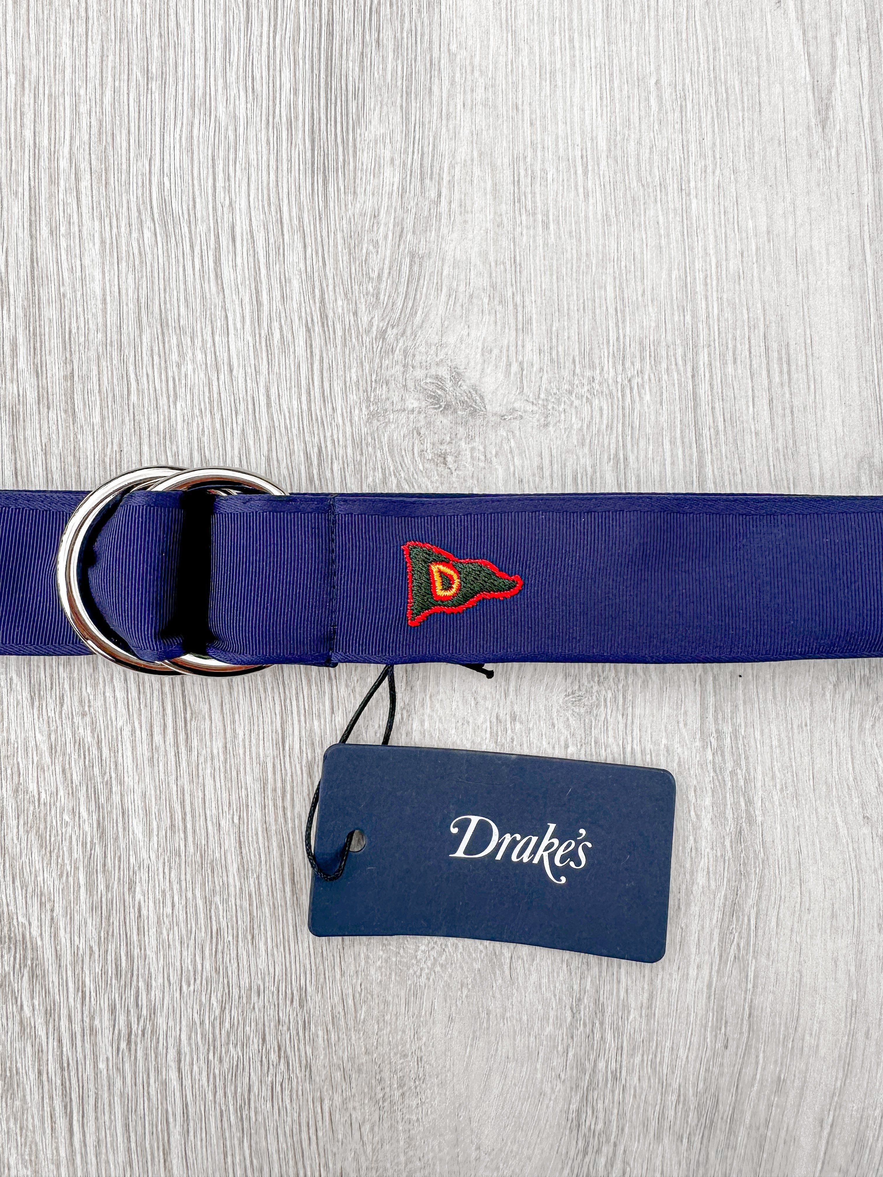 Drake's Navy Blue Belt With Embroidered Pennant Motif - House Of Huntington