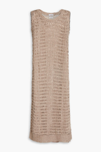 Brunello Cucinelli Beige Crochet Open Knit Linen Silk Blend Sleeveless Midi Dress