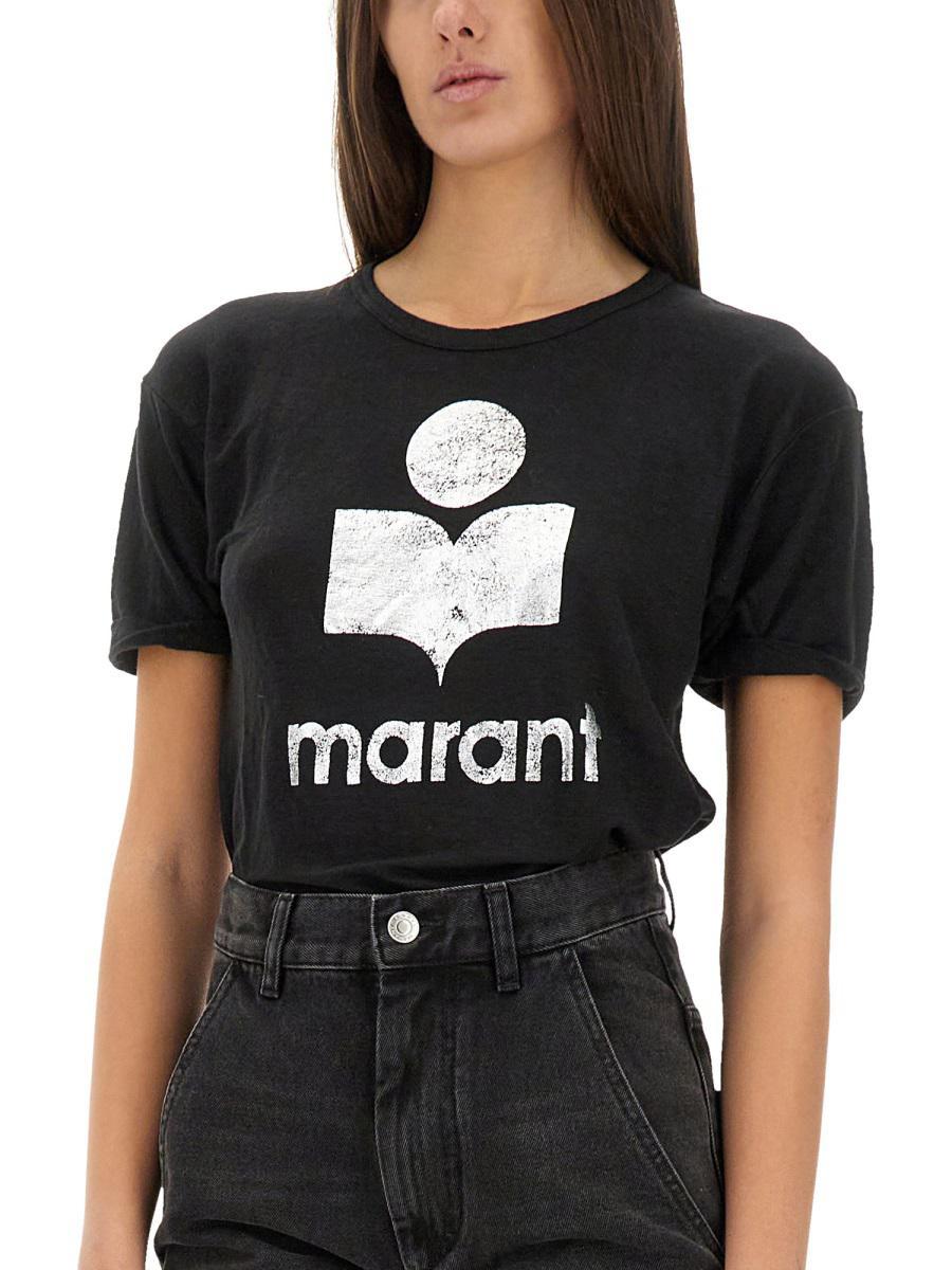 Isabel Marant Etoile Black Logo Front Koldi Linen T-Shirt