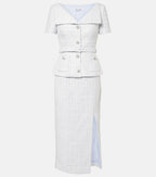 Self-Portrait Blue Boucle Tweed Folded Collar Diamante Button Detail Midi Dress