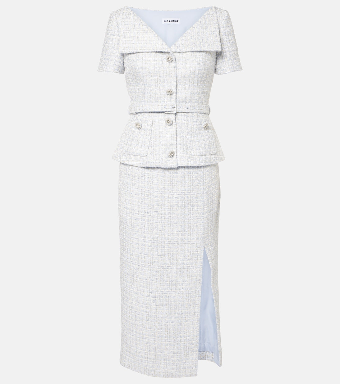 Self-Portrait Blue Boucle Tweed Folded Collar Diamante Button Detail Midi Dress
