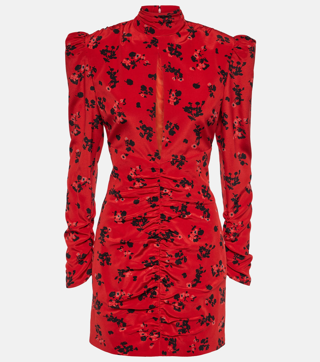 Alessandra Rich Red Floral Rose Print Silk High Neck Keyhole Front Mini Dress