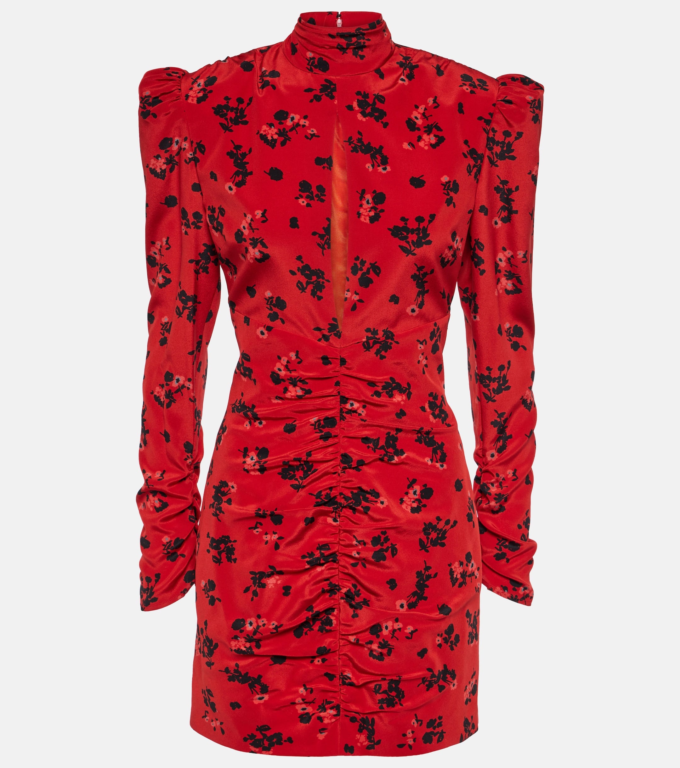 Alessandra Rich Red Floral Rose Print Silk High Neck Keyhole Front Mini Dress