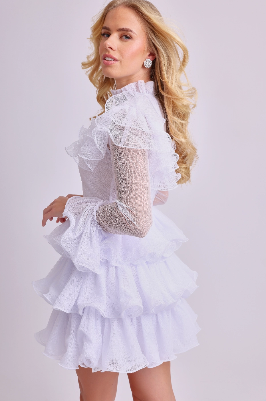 Amy Jane London White Long Sleeve Ruffle Tiered Detail Flared Evalina Mini Dress - House Of Huntington