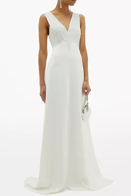 Christopher Kane White Crystal Embellished V-Neck Bridal Maxi Wedding Dress Gown - House Of Huntington