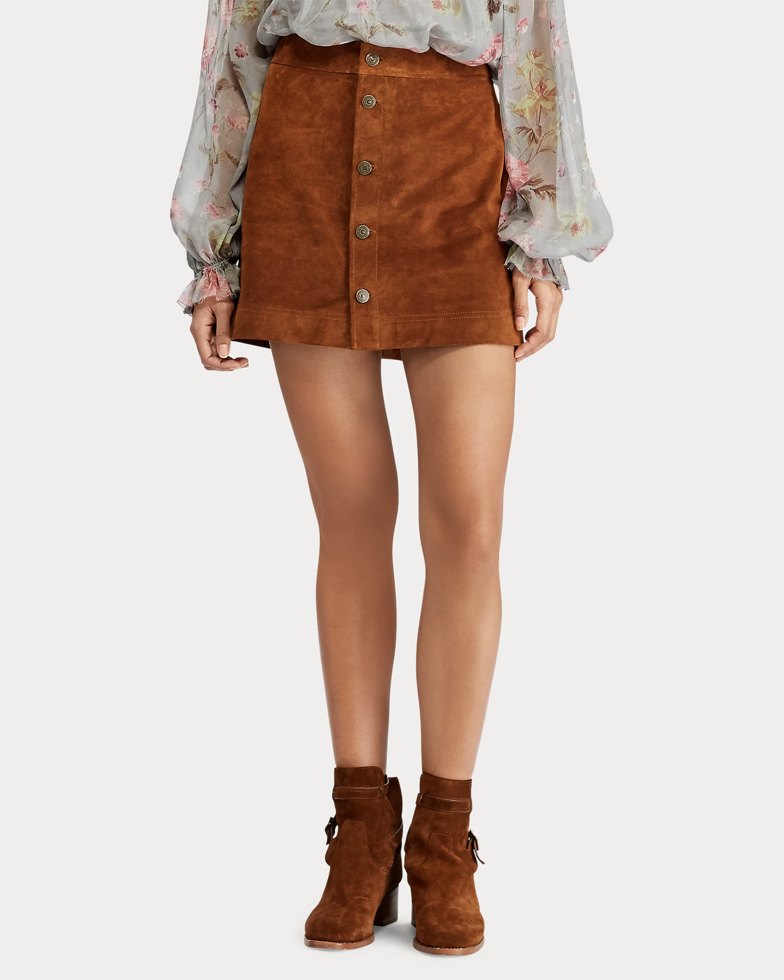 Polo Ralph Lauren Suede Buttoned Brown Miniskirt