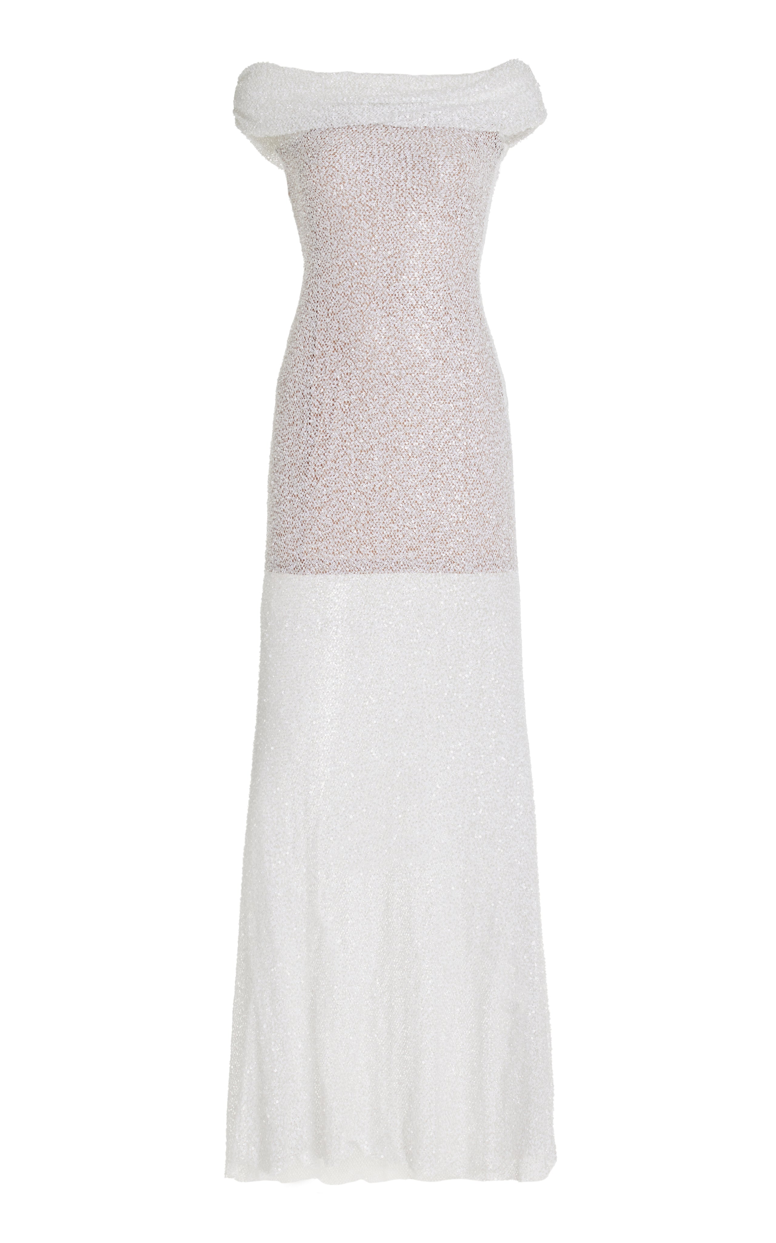 Self-Portrait White Fully Sequinned Beaded Off The Shoulder Sheer Deta – House Of Huntington