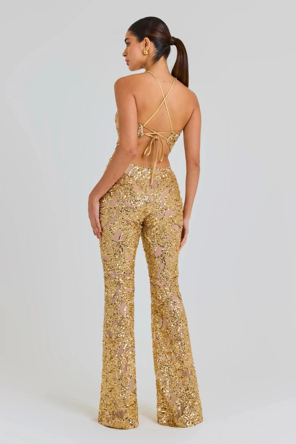 Nadine Merabi Gold Hallie Sequin Embellished Beaded Jumpsuit