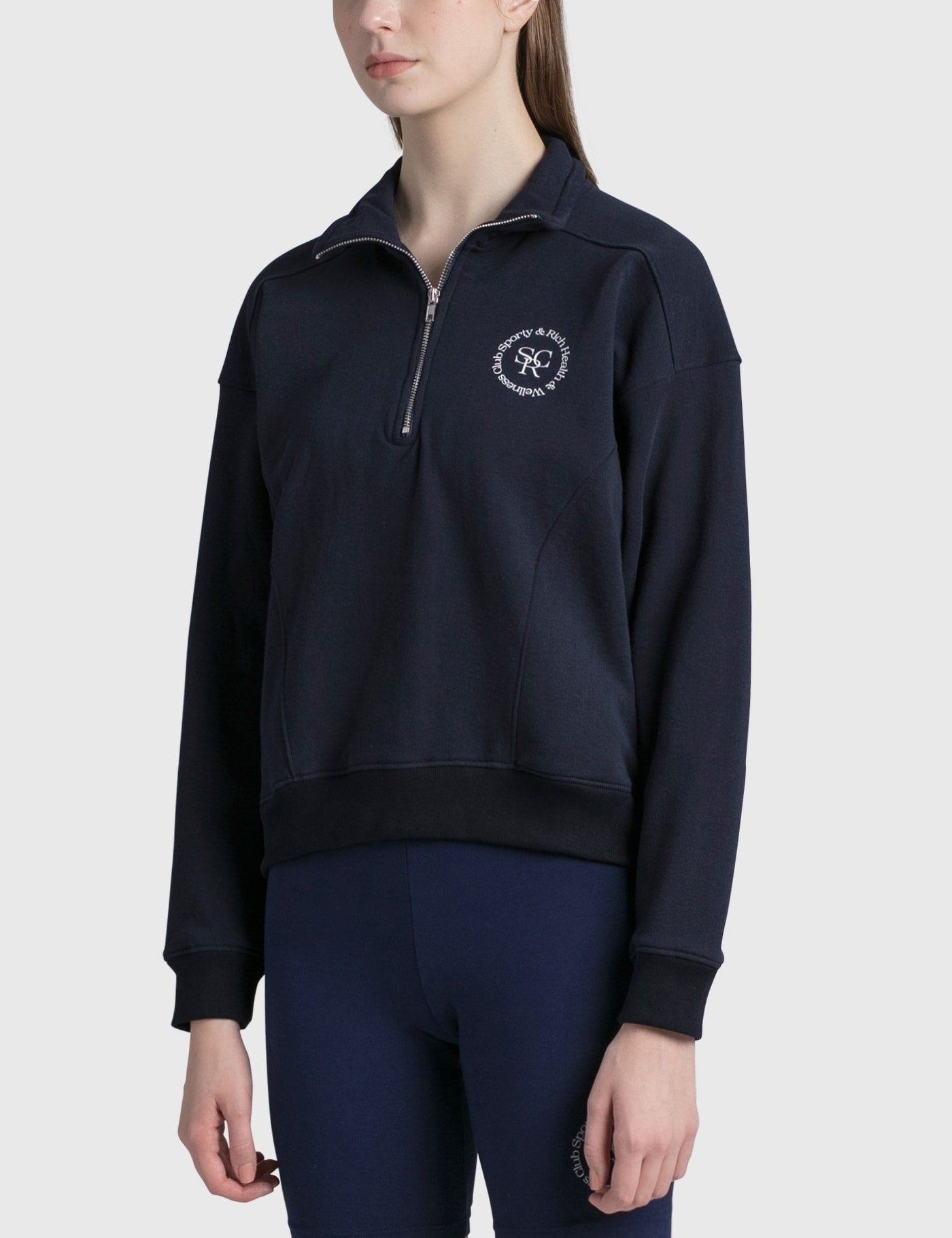 Sporty & Rich Navy Logo Front Quarter Zip Sweatshirt