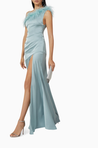 De La Vali Blue Satin Finca Feather Trim One Shoulder Gown Dress
