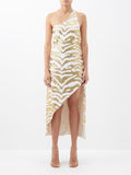 Halpern Tiger Gold White Full Sequinned One Shoulder 70s Disco Party Midi Dress