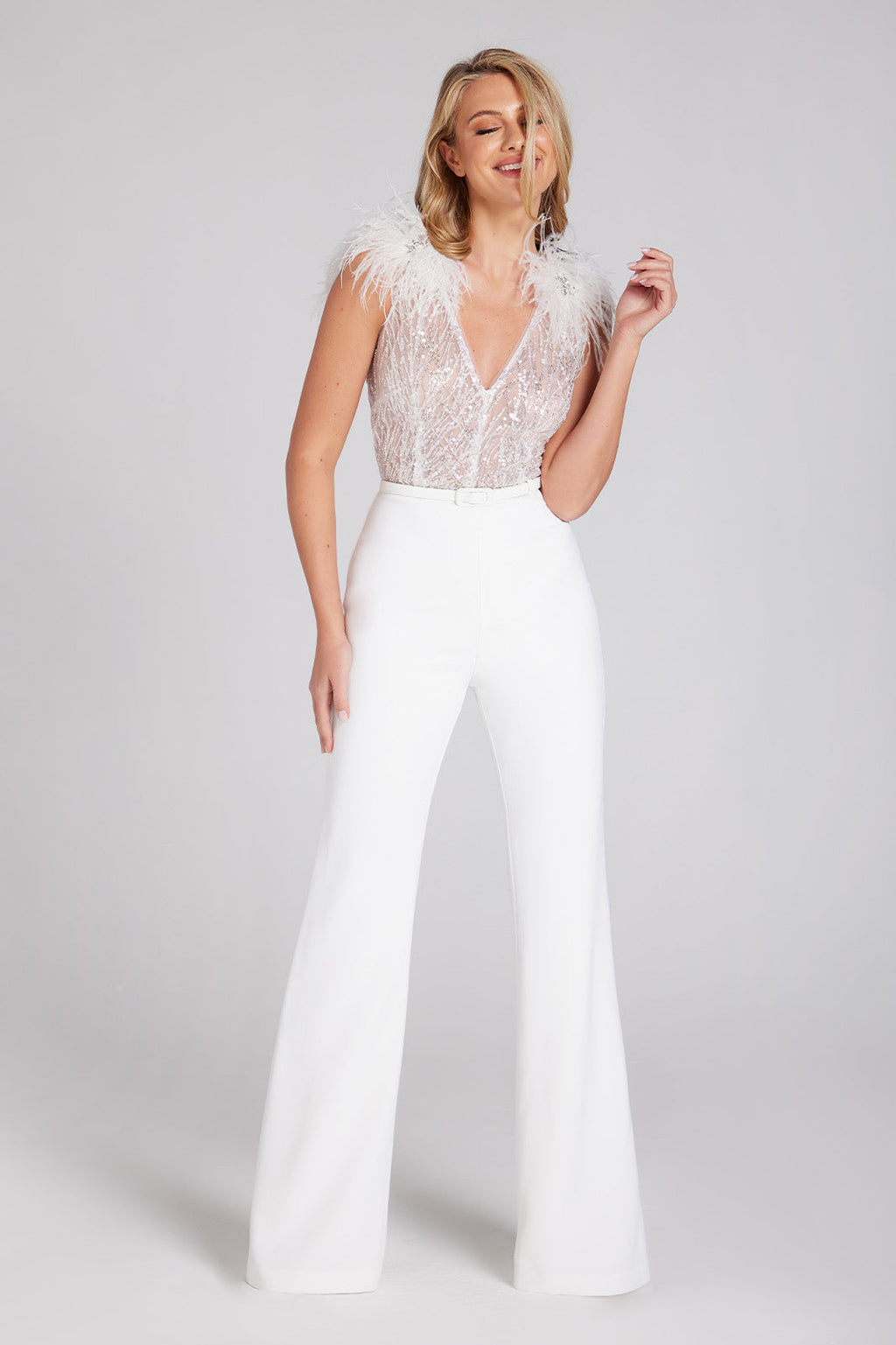 Nadine Merabi White Elissa Embellished Lace Feather Detail Jumpsuit