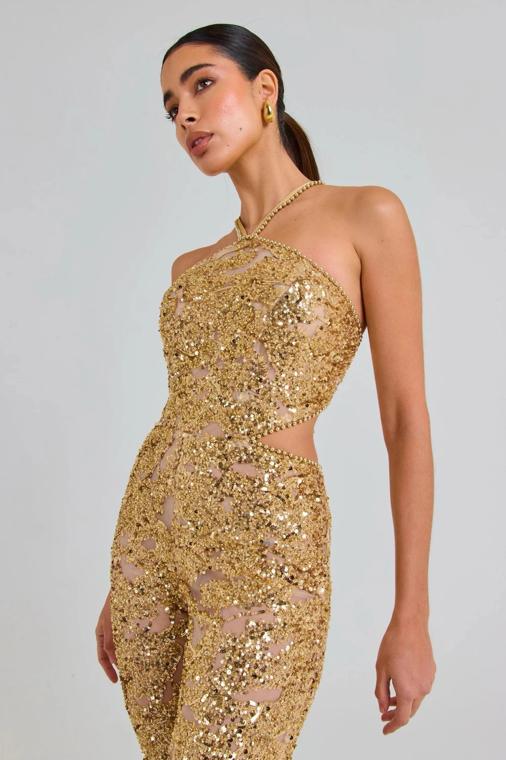 Nadine Merabi Gold Hallie Sequin Embellished Beaded Jumpsuit