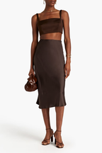 EMILIA WICKSTEAD Fabiola Chocolate Brown Duchess Satin Crop Top - House Of Huntington