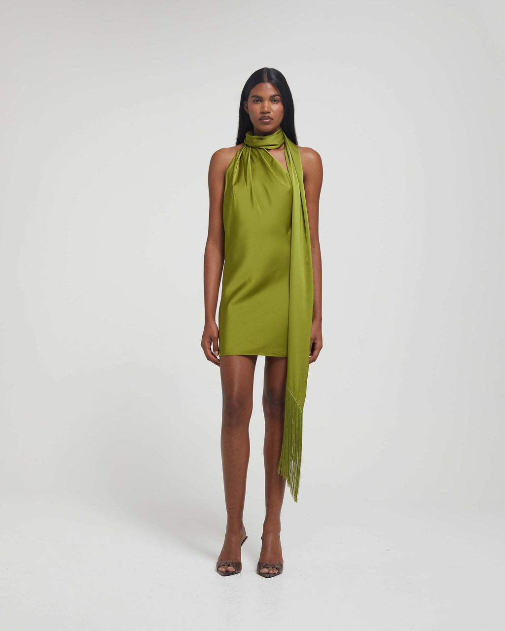 Rat and Boa Serafia Green Satin Cowl Neck One Shoulder Mini Dress