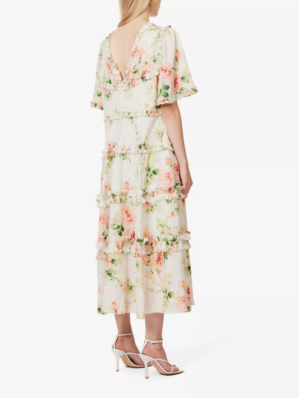 NEEDLE AND THREAD Harlequin Rose Floral Print Ruffle Flutter Sleeve Midi Dress - House Of Huntington