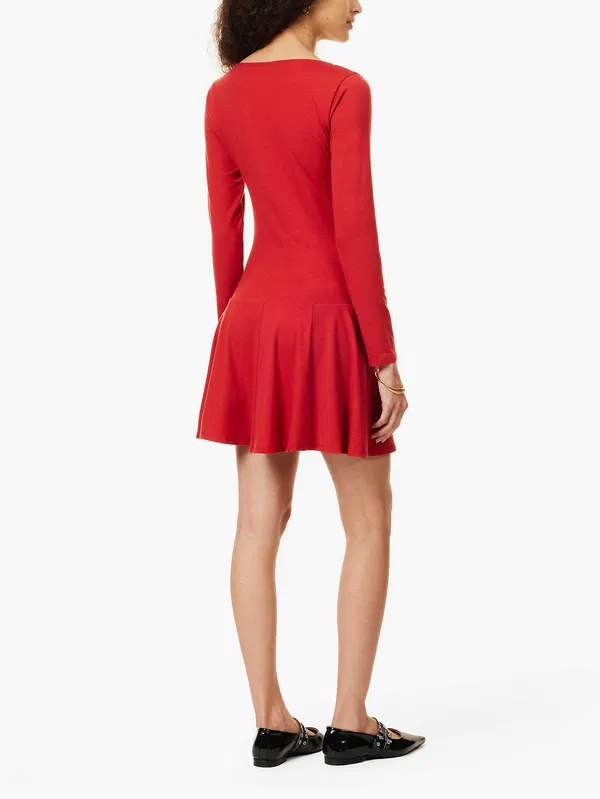 reformation drop waist dress Reformation Coen Red Knit Square Neck Drop Waist Pleat Hem Mini Dress