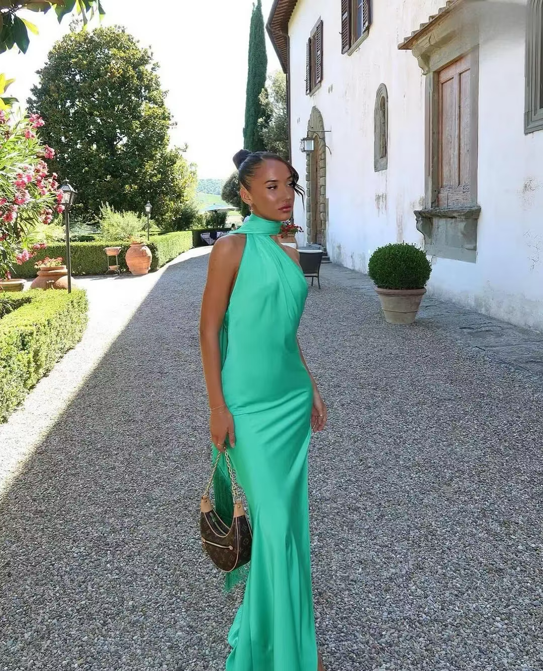 Rat and Boa Green Azzara Satin Draped Maxi Dress