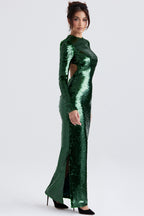 House Of CB Belle Sequinned Pine Green Open Back Maxi Dress