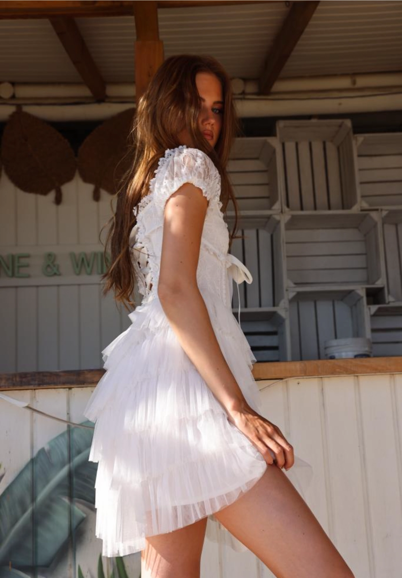 Amy Jane London White Sofia Lace Coquette Corset Style Ballerina Tulle Hem Mini Dress - House Of Huntington