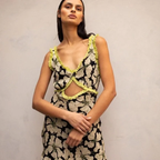 De La Vali Floral Chiffon Ruffle Cut-Out Olive Green Art Deco Mini Dress